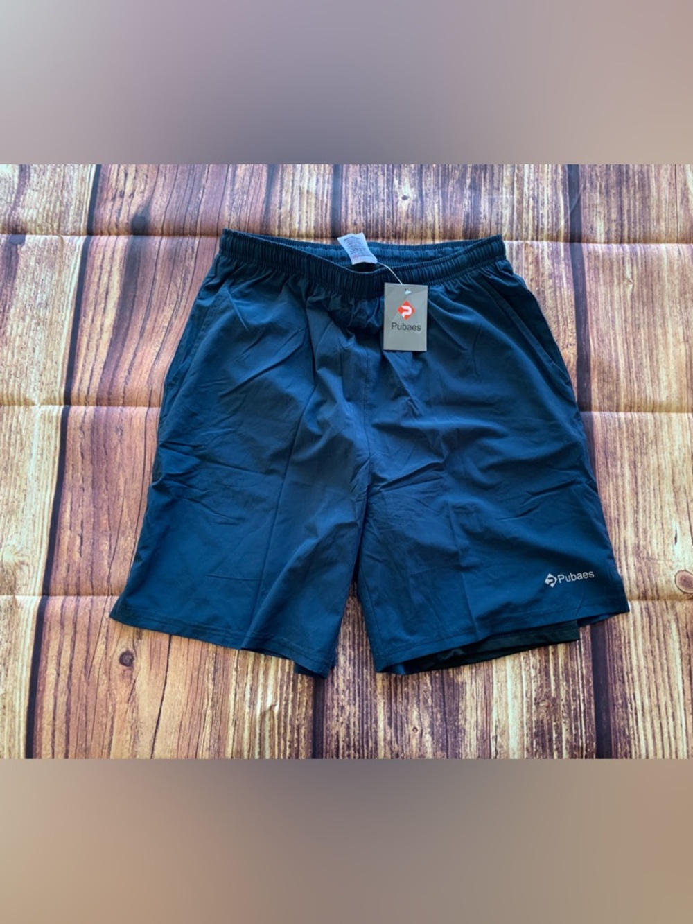 NWT Pubaes Men's Elastic Waist Navy Blue Workout Shorts w/ Compression Liner L